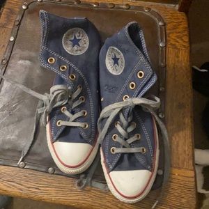 Converse all star high tops … slightly worn. Denim look! Super cute and unique.